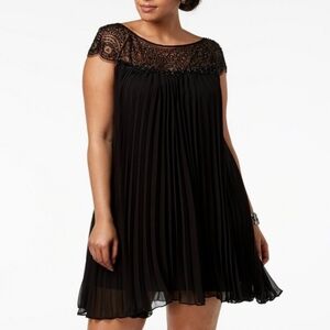 XCAPE Pleated Beaded Lace Yolk Black Trapeze Dress Size 22